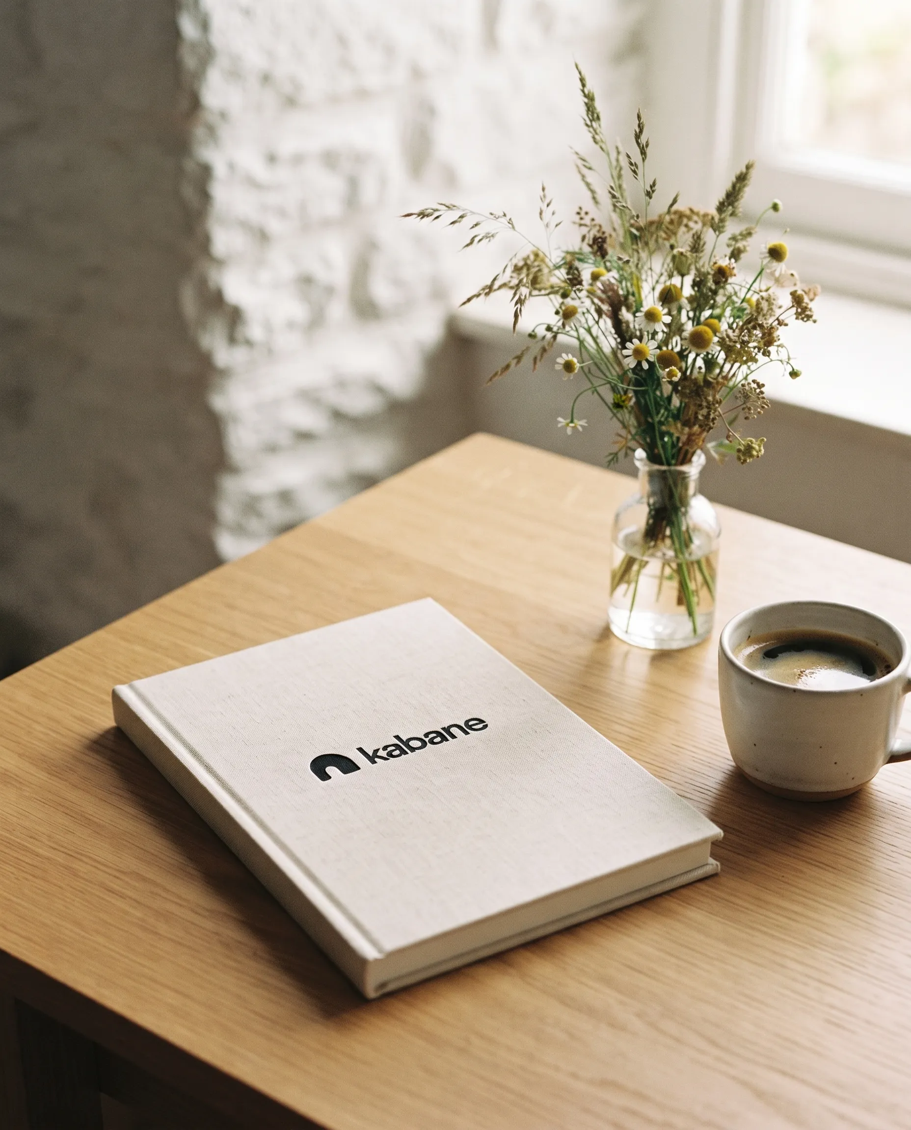 Carnet Kabane sur une table en chêne, café et fleurs des champs
