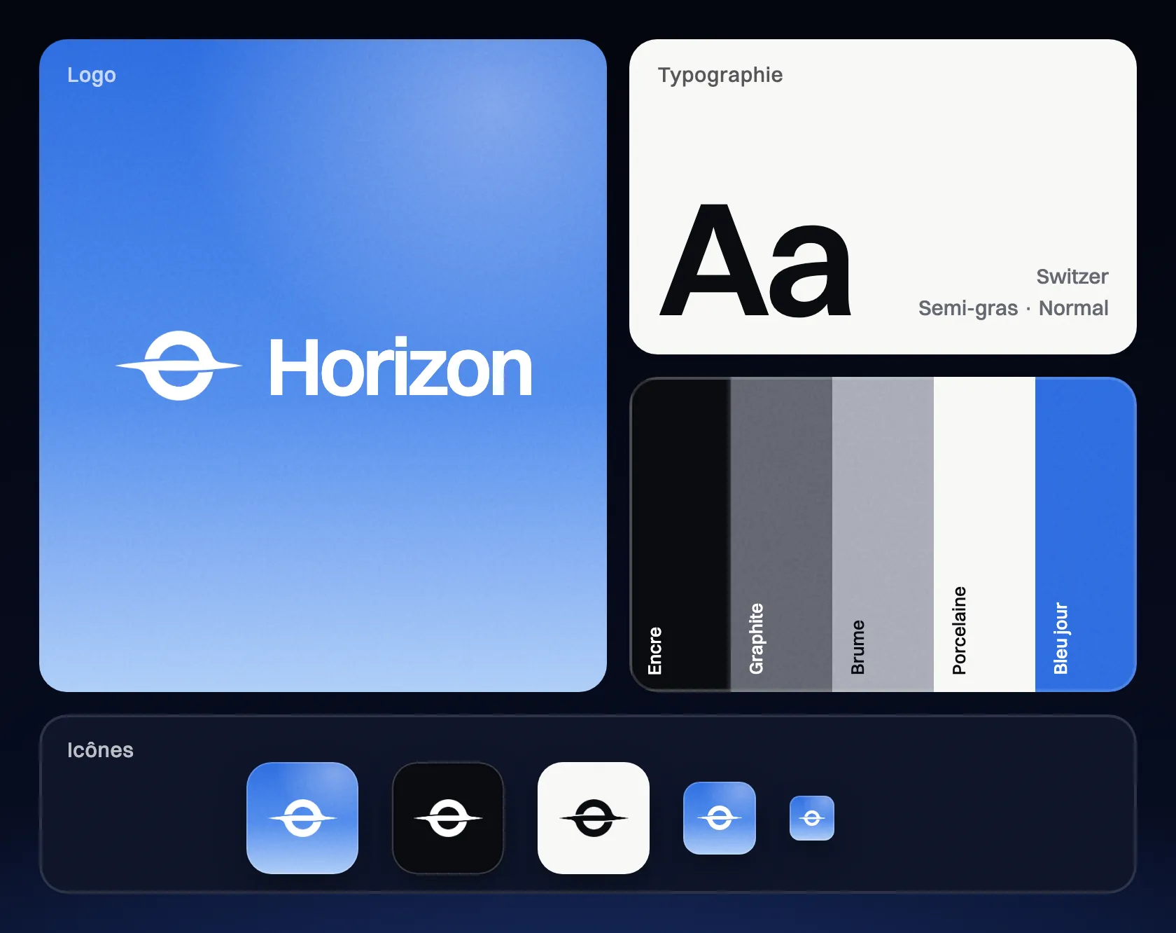 La charte d'Horizon : le logo, la typographie Switzer, la palette et les icônes