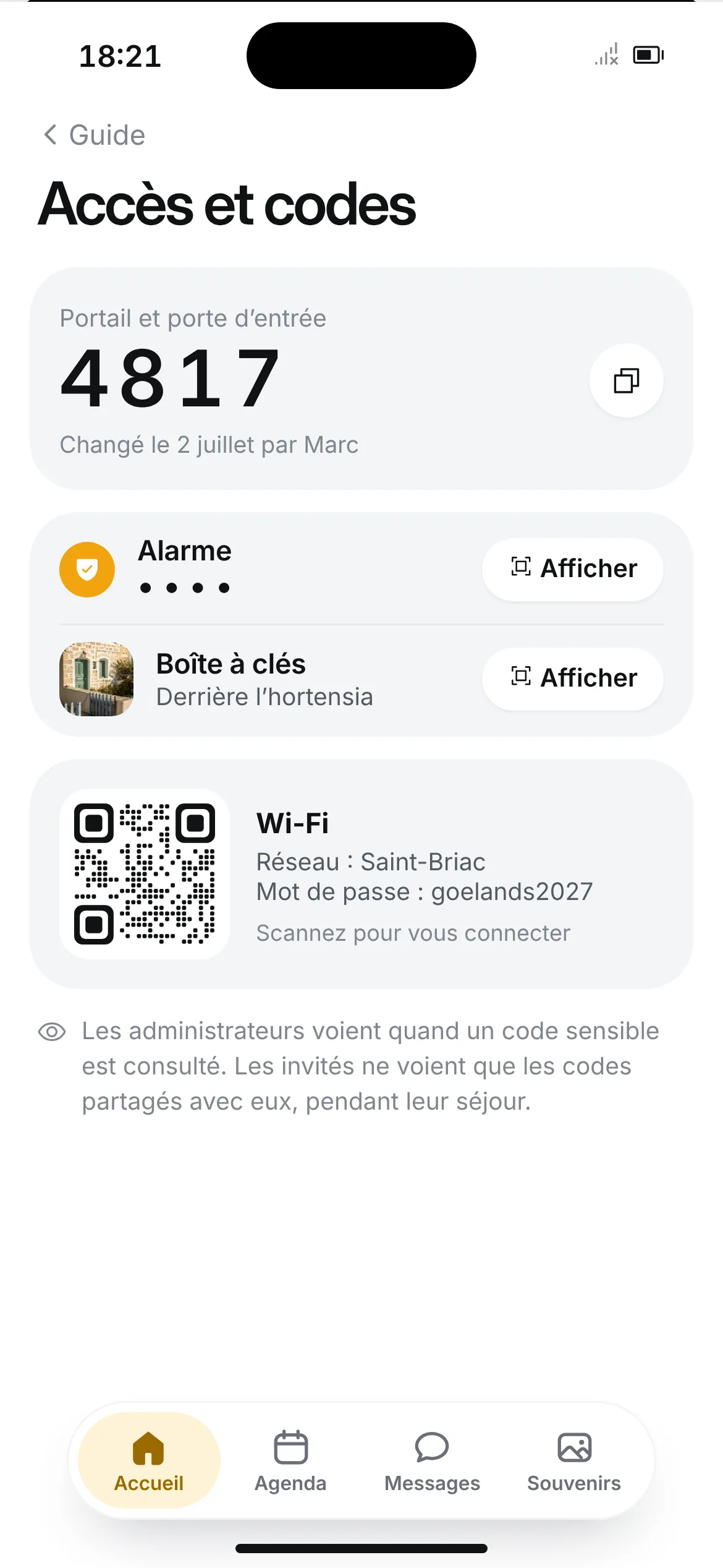 Guide de la maison : codes d'accès, alarme, Wi-Fi