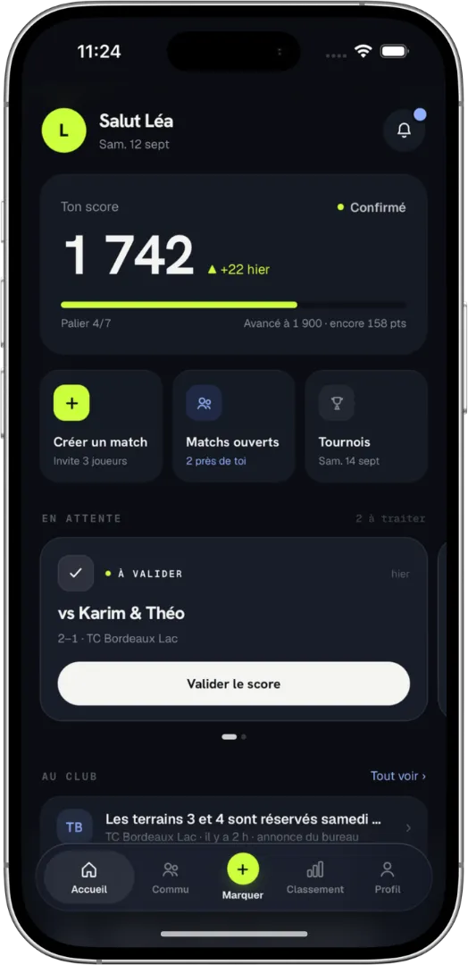 Écran d'accueil : le score du joueur et ses matchs