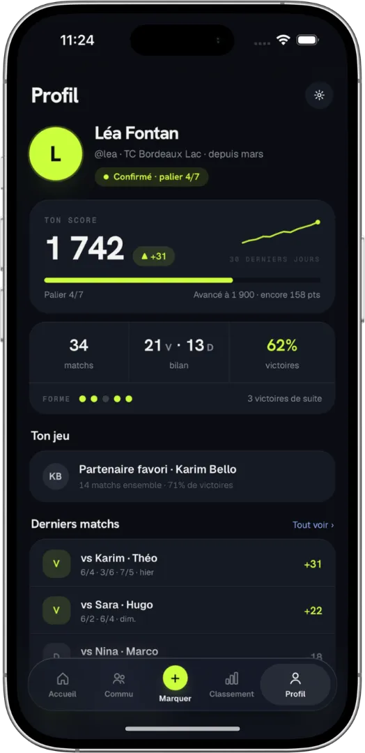 Écran du profil : progression et statistiques