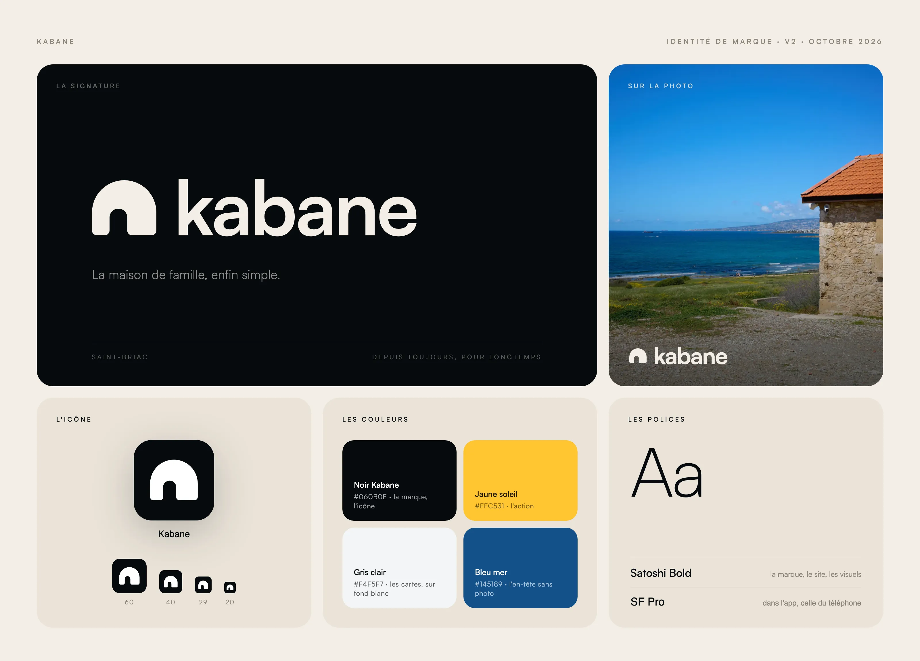 Planche d'identité Kabane : la signature, la photo, l'icône, les couleurs et les polices