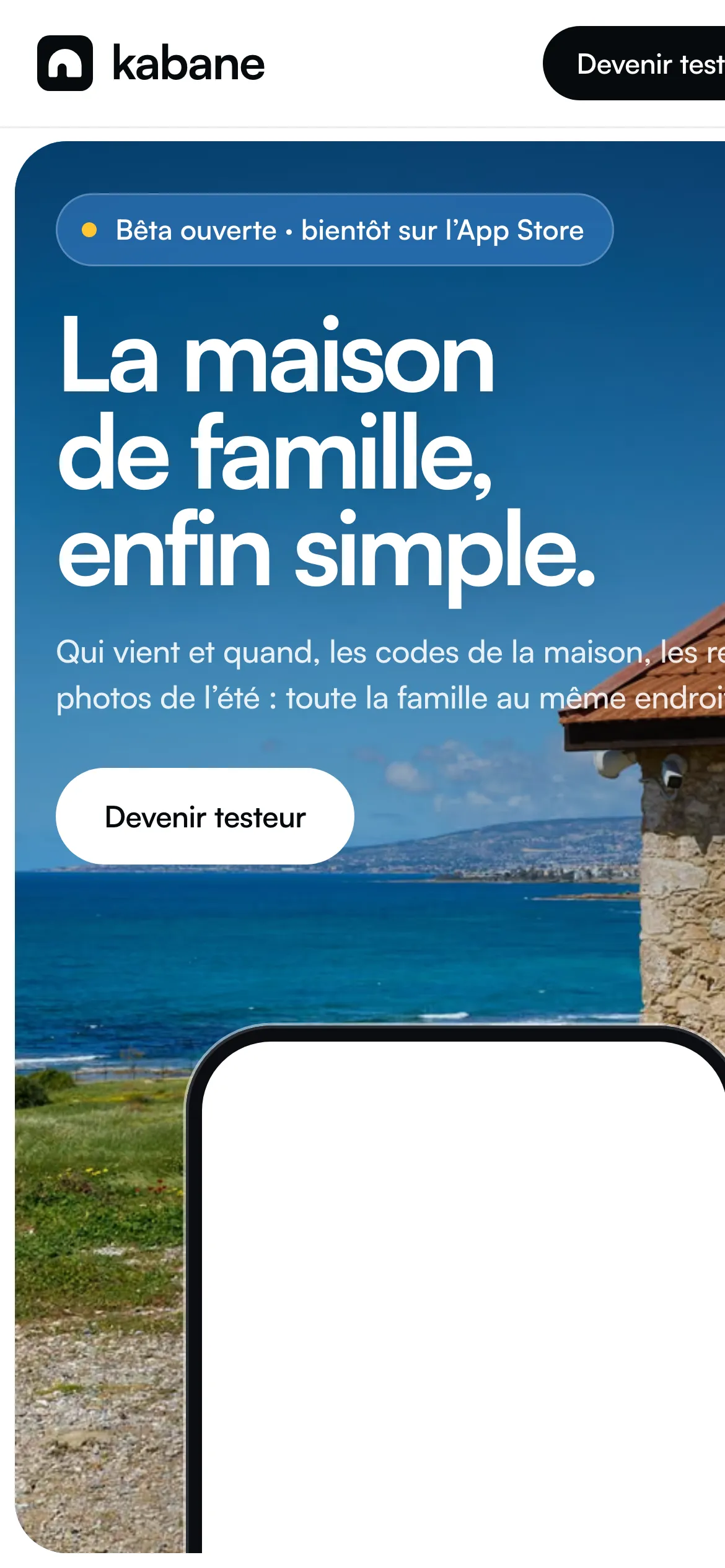 Page de lancement de Kabane sur téléphone
