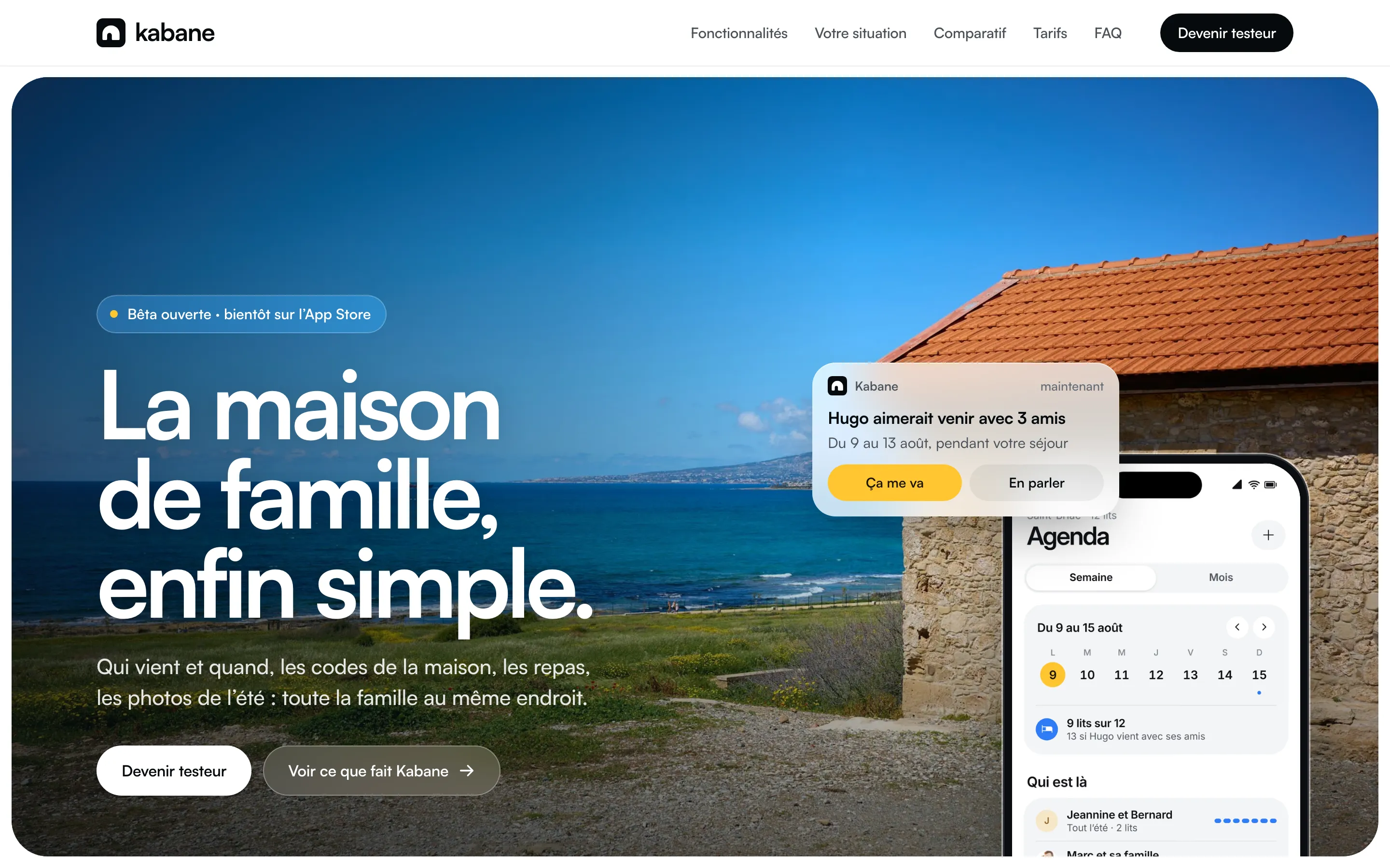 Page de lancement de Kabane : « La maison de famille, enfin simple. »