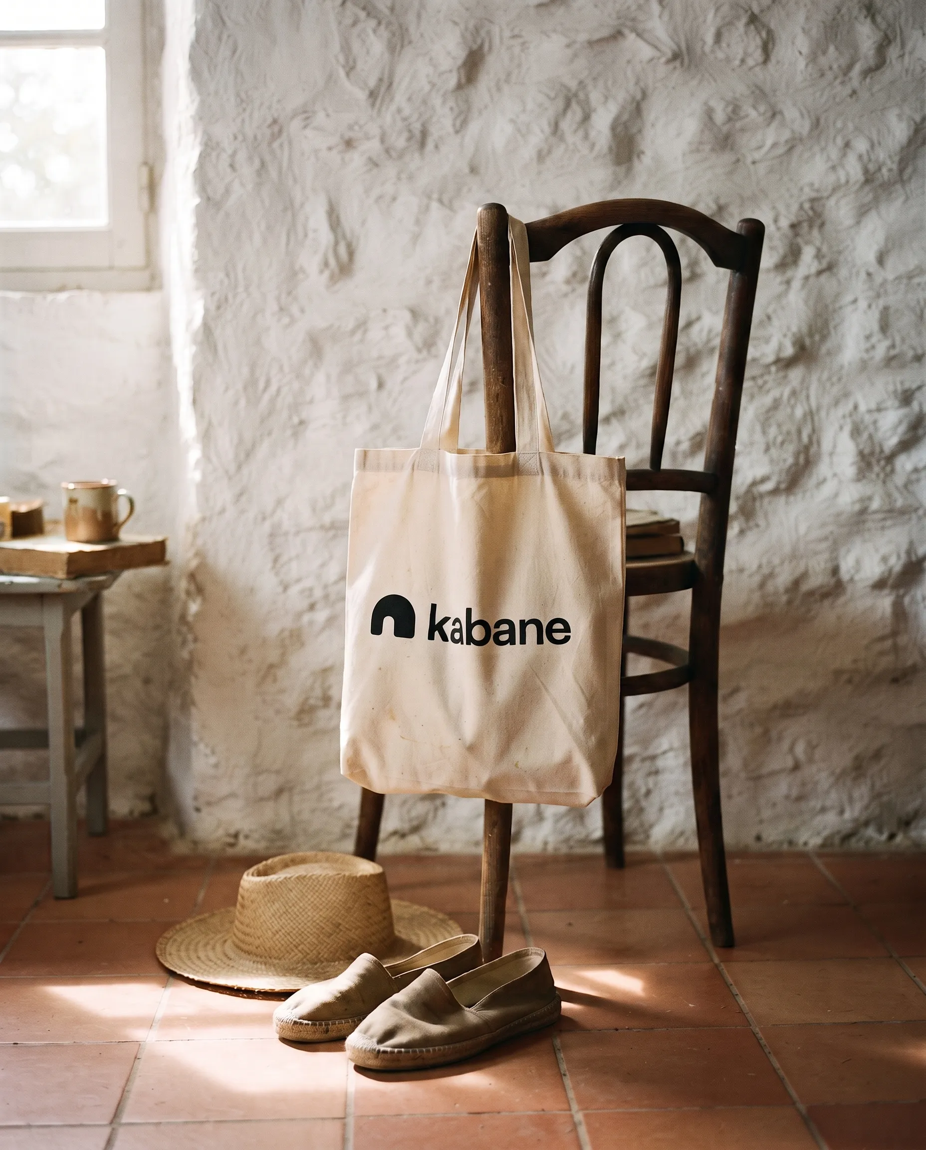Tote bag Kabane accroché à une chaise ancienne, espadrilles au sol